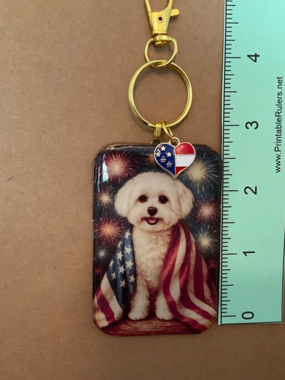 Bichon Frise Patriotic American Flag dog keyring / purse charm handmade by Sally